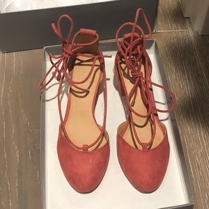 Loft pink suede ankle wrap, block heels